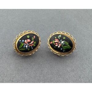 Vintage Amco 14K Gold Filled Micro Mosaic Petit Point Floral Screw Back Earrings